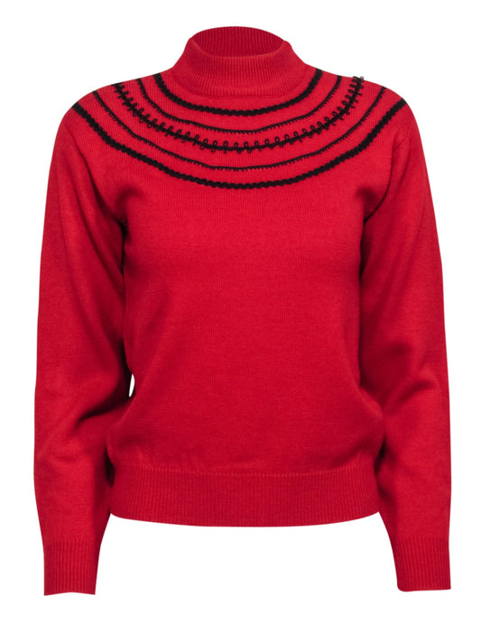 Christian Dior - Red Wool Blend Mockneck Embroidered Sweater Sz S